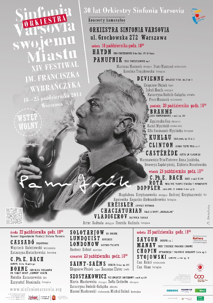 Plakat  XIV Festiwalu im. Franciszka Wybrańczyka Sinfonia Varsovia Swojemu Miastu