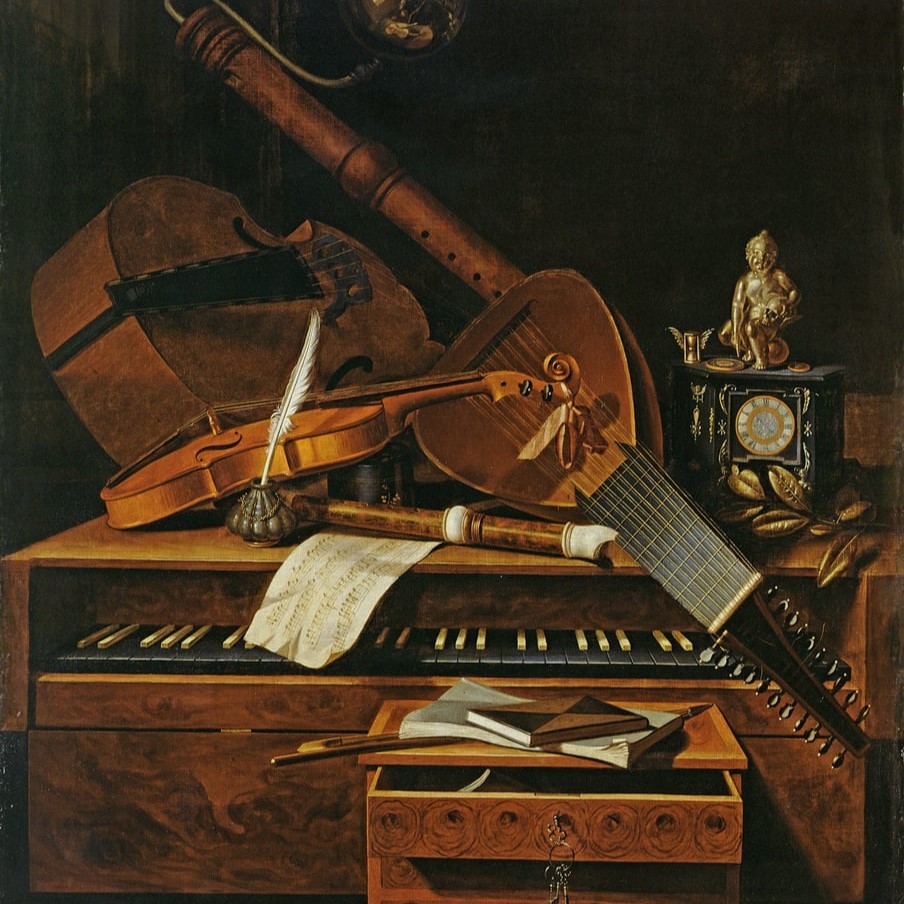 Obraz barokowy przedstawiający dużo instrumentów