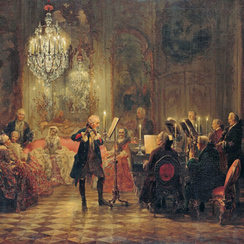 Obraz ukazujący salę balową, żyrandol, dostojnie ubranych gości. W centrum mężyczna grający na flecie, po prawej na klawesynie i grupa skrzypków