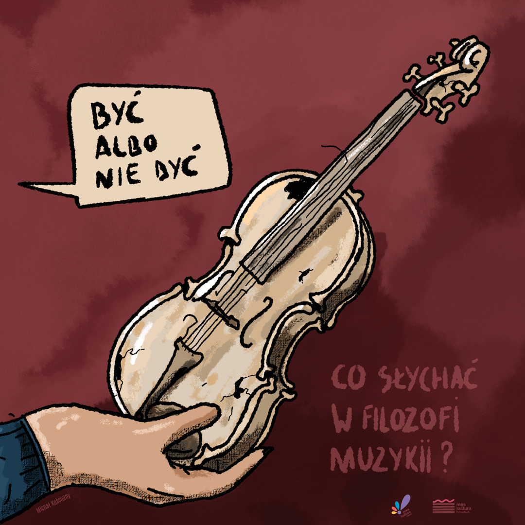 rysunek skrzypiec w dłonie i napis w dymku być albo nie być