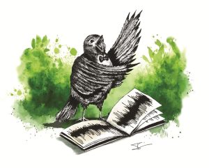 Ilustracja w sposób rysunkowy przedstawia śpiewającego ptaka w muszce, przed którym leży książka z graficznym zapisem natężenia dźwięku. Tło ilustracji stanowią zielone swobodne plamy.