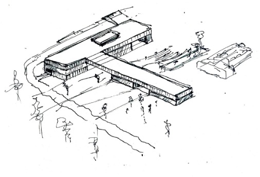 Szkic obrazujący koncepcję projektową Filharmonii im. Wojciecha Kilara w Bytomiu w początkowej fazie procesu projektowego. 