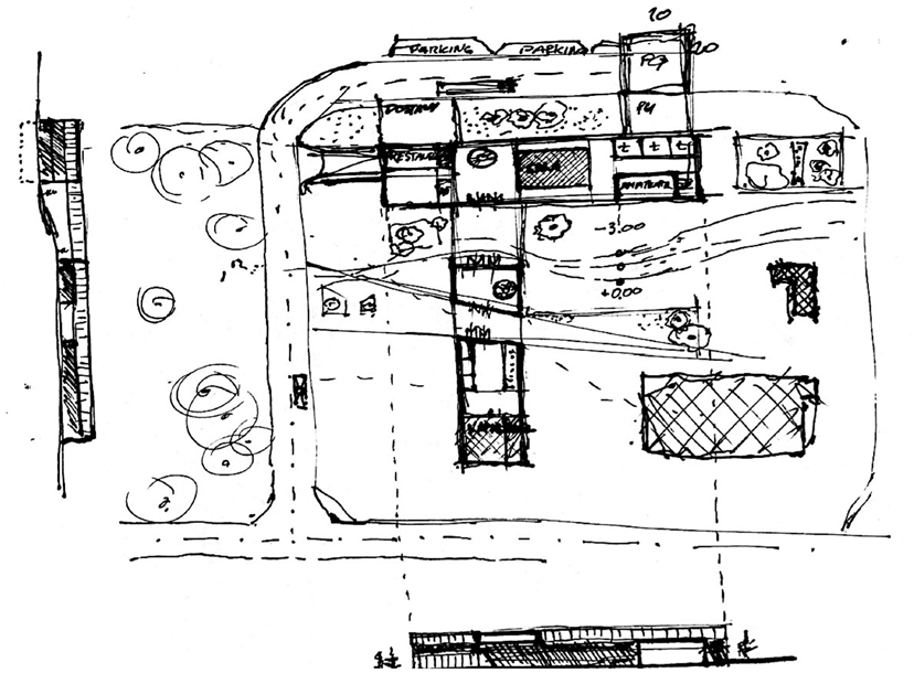 Szkic obrazujący ulokowanie obiektu Filharmonii im. Wojciecha Kilara w Bytomiu w kontekście działkiw początkowej fazie procesu projektowego. 