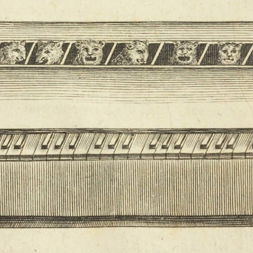 Monochromatyczna grafika ilustruje instrument, jakim jest kocie pianino.
